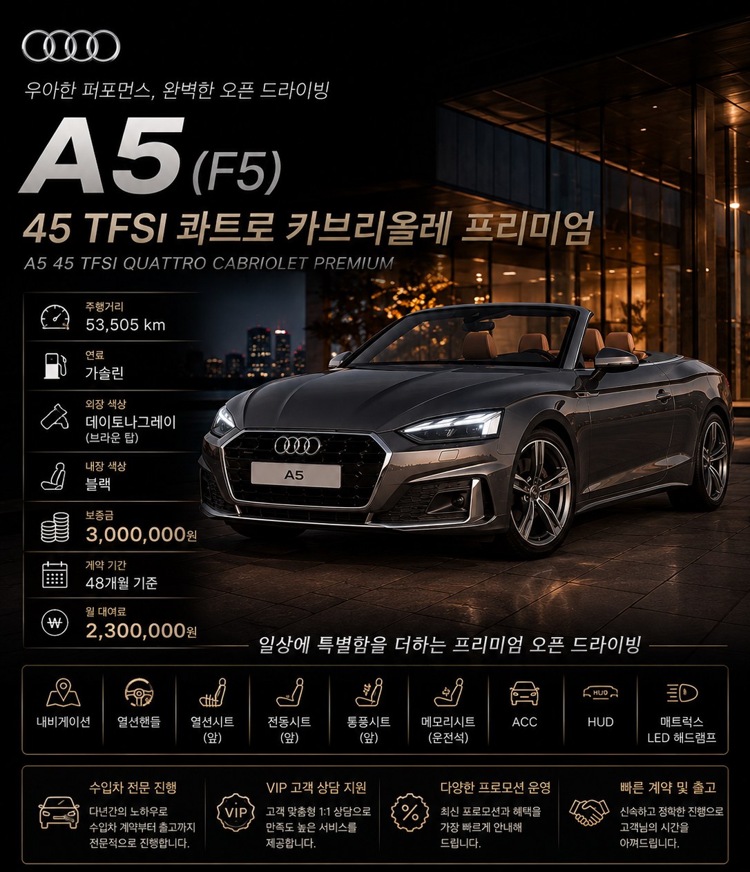 A5 카브리올레 장기렌트 조건 — 보증금 300만원 · 월 2,300,000원